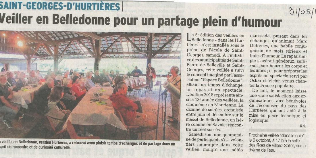 Extrait du Dauphiné Libéré, article sur la veillée à Saint Georges d'Hurtières dans le cadre de Belledonne et veillées.
